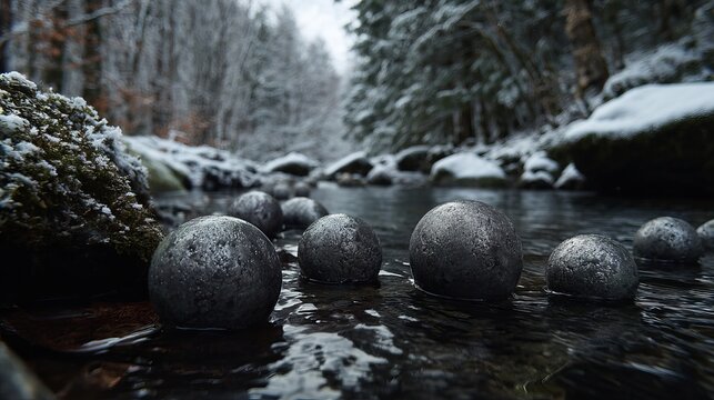 Mysterious dark spheres emerge from icy stream water in a serene winter forest landscape, evoking nature's secrets. - Powered by Adobe