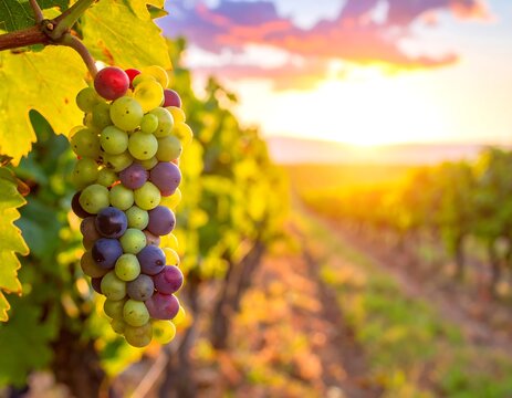 A cluster of grapes hanging in a vineyard during a colorful sunset