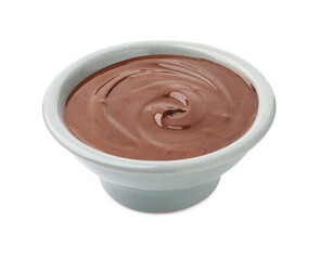 Tasty melted chocolate in bowl isolated on white