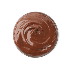 Tasty melted chocolate in bowl isolated on white, top view