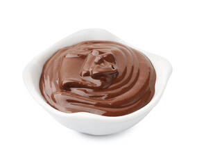 Tasty melted chocolate in bowl isolated on white