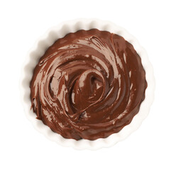 Tasty melted chocolate in bowl isolated on white, top view