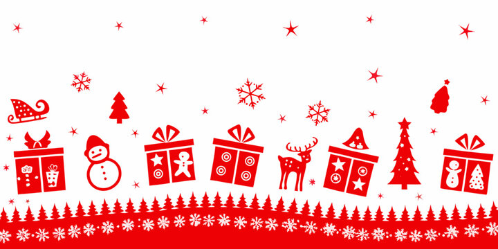 Festive red christmas icons border with snowflakes and gifts on white background