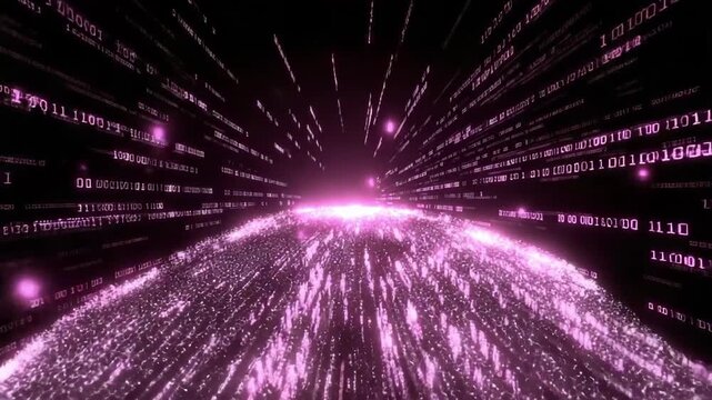 A neon pink-purple data stream in cyberspace, with glowing particles and streams of binary digits.