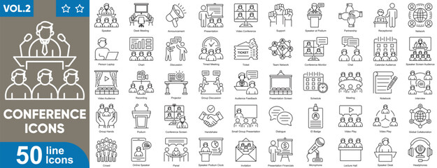 Conference icons set. Related business meeting, seminar, presentation, and networking icon collection for web, app, infographic, and more. Vector illustration