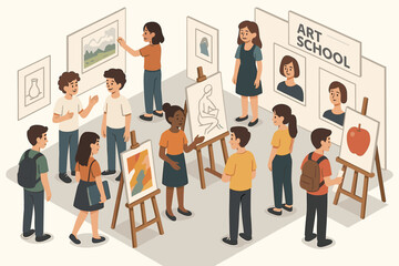 Obraz premium Diverse teenagers engaging in art activities at an art school gallery