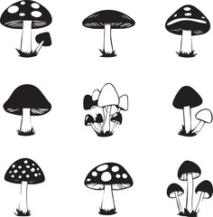 Simple mushroom icons and silhouettes perfect for organic design theme