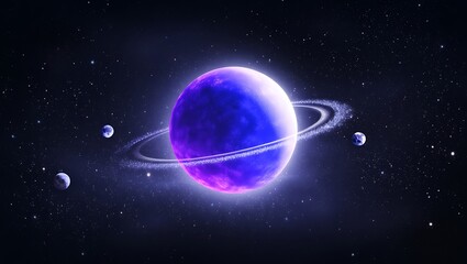 Obraz premium Glowing purple planet with rings in a starry nebula