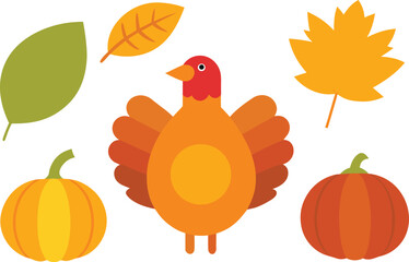 Thanksgiving day elements bundle festive turkey pumpkin autumn leaves vector illustration