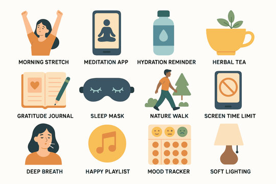 Wellness routine: morning stretch, meditation, hydration, herbal tea, gratitude, nature walk