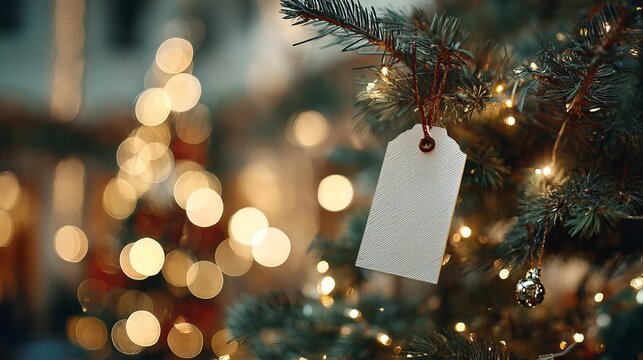 Empty white gift tag hangs on festive Christmas tree branch with warm bokeh lights creating magical holiday ambiance - Powered by Adobe