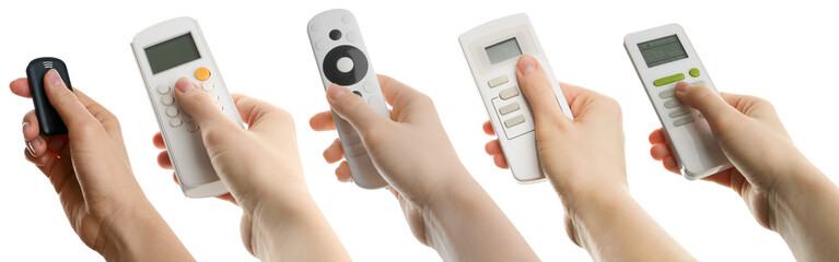 People holding different remote controls in hands on white background, collage