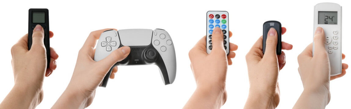 People holding different remote controls and game controller in hands on white background, collage