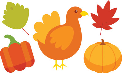Festive thanksgiving illustration with turkey pumpkin bell pepper and autumn leaves vector graphics