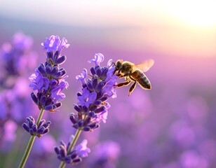 A bee gathers nectar from lavender flowers at sunset