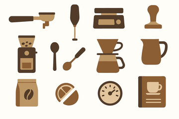 Minimalist coffee brewing essentials: grinder, kettle, dripper, scale, tamper icons