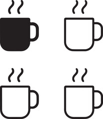 Isolated hot coffee cup icon set, steaming beverage, winter drink, minimal thin stroke, solid black outline, cozy cafe vector, warm coffee mug design, hot cup editable vector art