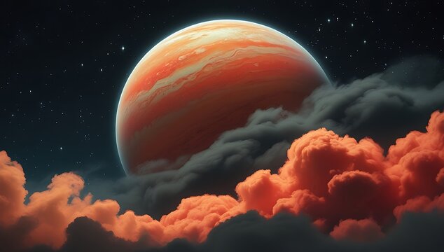 Vast orange planet emerging from cosmic clouds
