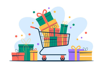 A shopping cart overflowing with colorful gift boxes represents consumerism and holiday shopping.