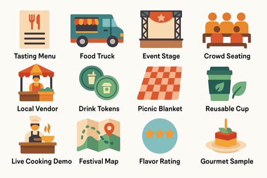 Festival icons featuring food truck, event stage, and tasting menu with reusable cup and live cooking demo