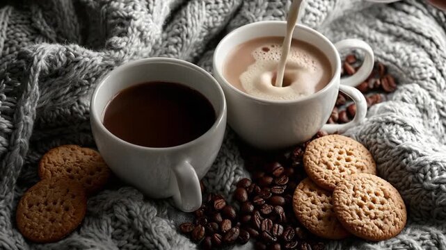 Two mugs of coffee on a cozy knitted blanket, surrounded by cookies and coffee beans.