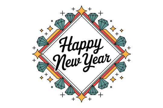 Happy New Year decorative design with diamonds and stars.