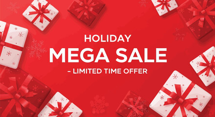 Vector illustration of vibrant red holiday mega sale banner with gift boxes and snowflakes, announcing a limitedtime offer for festive season shopping and promotions