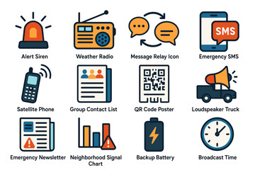 Communication icons: alert siren, weather radio, emergency sms, satellite phone, qr code