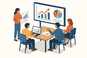 Diverse team analyzing business data in modern office meeting