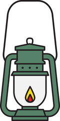 Camping lantern Green oil lamp with glowing fire icon.