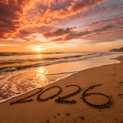 Year written in sand on beach at sunset with orange sky and waves gently lapping the shoreline