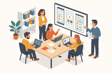 Diverse team collaborating on project presentation in office environment