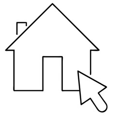 Vector art of a simple line drawing of a house icon with a cursor pointing to it, representing home selection or online real estate