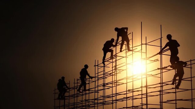 Silhouetted construction workers standing and climbing on scaffolding against a bright sunset.