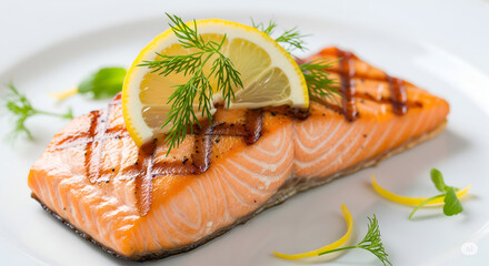 Grilled Salmon with Lemon & Dill &ndash; Gourmet Seafood Perfection, Juicy Salmon Fillet Drizzled with Sauce & Fresh Garnish