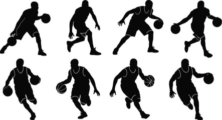 Basketball player silhouettes in motion dribbling ball, sports action poses, athletic man training, basketball movement concept, flat vector illustration design