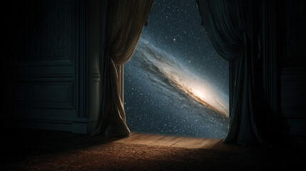 curtain opening to reveal a vast galaxy beyond, blending the intimacy of a domestic setting with cosmic infinity, symbolizing wonder and limitless imagination.