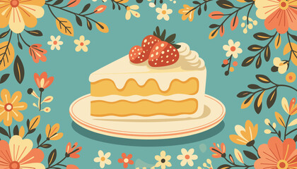 Delicious cake slice with strawberries on a decorative floral napkin