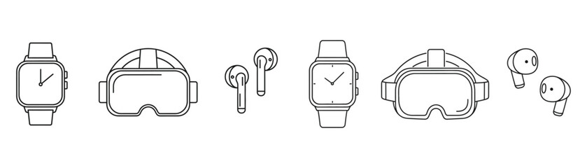 Vector art of minimalist line art of wearable technology, including smartwatch, vr headset, and earbuds in a clean and modern design on transparent background