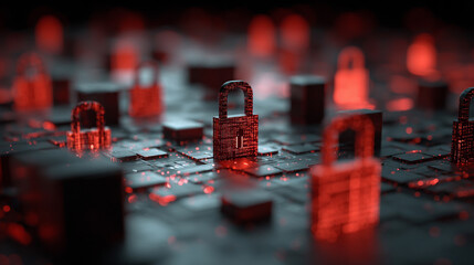 3D rendering of digital padlocks floating over abstract technology background. Represents cybersecurity, personal data protection, online safety, encryption, and modern digital security solutions.