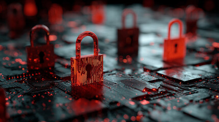 3D rendering of digital padlocks floating over abstract technology background. Represents cybersecurity, personal data protection, online safety, encryption, and modern digital security solutions.