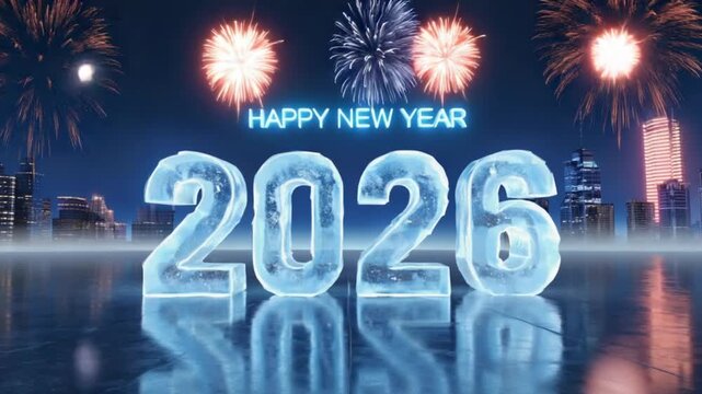Ice year numbers with happy new year text and fireworks over city skyline at night time background video