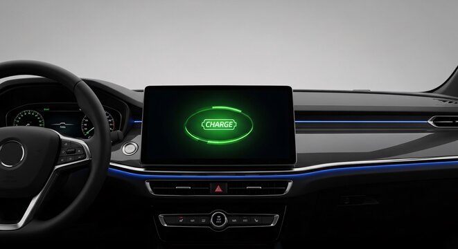 Electric Vehicle Car Dashboard Display Screen Revealing Charge Status Interior Design Modern Transportation Technology Automotive Innovation Future Ready Mobility