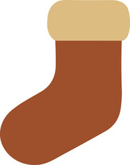 A flat minimalist illustration of a brown Christmas stocking with a beige cuff symbolizing festive decor, winter coziness, and holiday celebration.