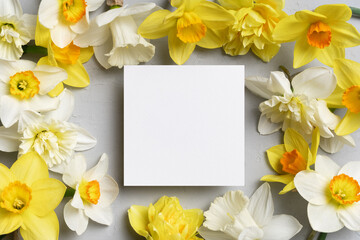 White square invitation, flyer or greeting card mockup with yellow daffodils flowers, blank space for text or design