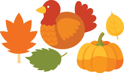 Thanksgiving day vector bundle turkey pumpkin autumn leaves seasonal illustration icon set eps