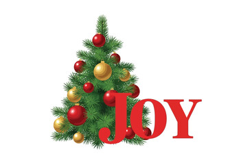 Christmas tree with ornaments and the word joy isolated on white background for holiday season