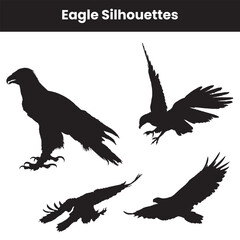 Eagle silhouette set in different poses isolated on white background showing flying hunting and soaring eagles perfect for wildlife design nature illustration and freedom themed vector artwork
