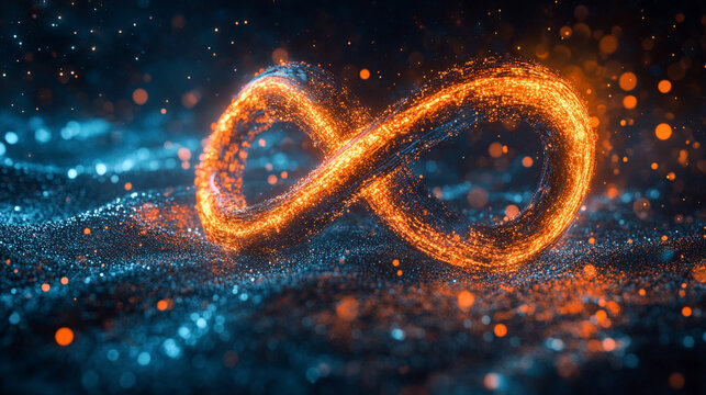 Hyperrealistic depiction of glowing data streams twisting and converging into an infinity symbol, symbolizing limitless digital flow, technology, and continuous information exchange.
