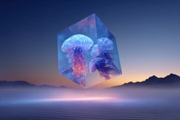 Fototapeta premium A stunning image of a large iceberg floating in the ocean, reflecting the sunlight and creating a beautiful contrast with the deep blue water.